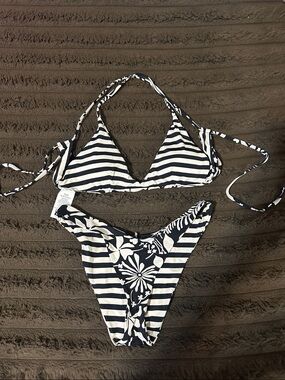 Roxy Navy and White Striped Triangle Bikini Set